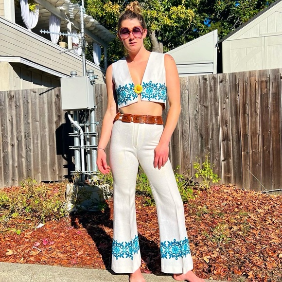 1960's Cotton/Linen Embroidered Vest Flares Ensemble - Picture 1 of 10